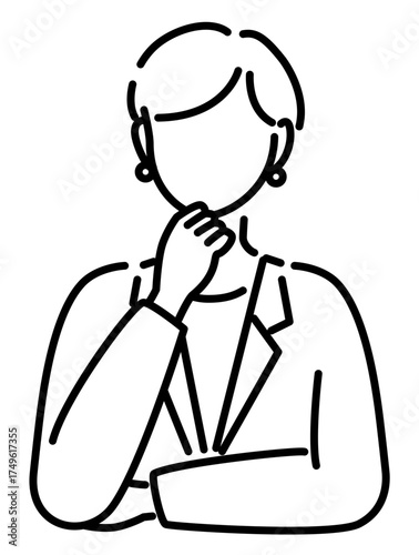 アゴに手を置き悩む会社員や保護者や先生や女性政治家や経営者