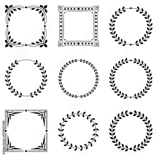 Vector art of collection of nine decorative frames and laurel wreaths