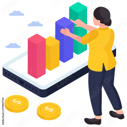 Isometric design illustration of mobile data analytics 