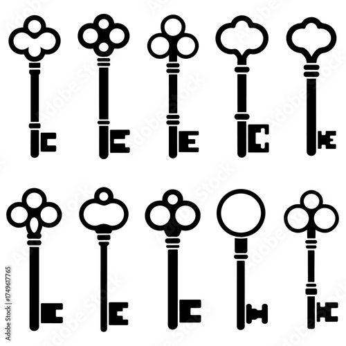 Vector art of collection of ten antique keys