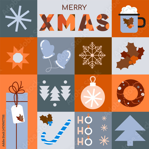 Contemporary Holiday geometric background pattern with Christmas symbols in mosaic style. Geometric Christmas icon grid in modern style for packaging textiles, greeting cards, holiday designs. Vector