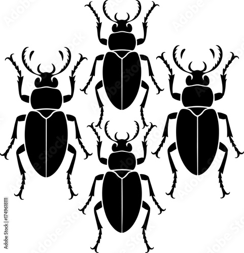 Vector art of stylized black silhouette of five beetles arranged in a cross shape