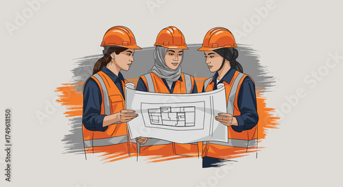 Dedicated team of women architects reviewing construction blueprints with hard hats, ready to bring your construction vision to life with expertise and skill