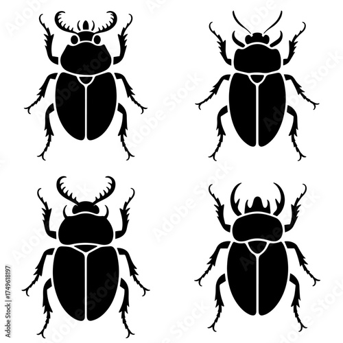 Vector art of collection of four black beetle silhouettes