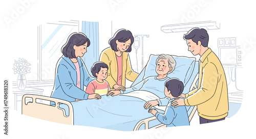 Flat clean illustration of medical care healthcare scenes, family visiting elderly patient in hospital