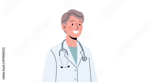 Flat clean medical care and healthcare scenes, featuring a smiling doctor with a stethoscope