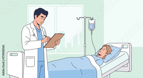 Flat Clean Illustration of Medical Care and Healthcare Scenes Doctor with Patient in Hospital Room