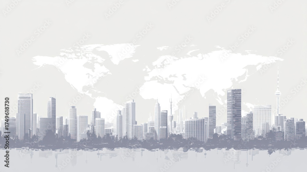 Fototapeta premium City skyline world map background, modern urban landscape, global business, presentation graphic