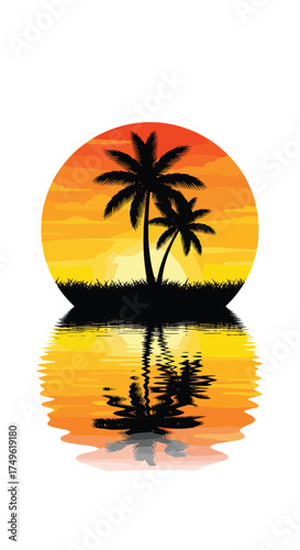 Stunning tropical sunset with palm trees reflected on the water, perfect for summer vacation vibes and travel advertisements with warm, inviting colors