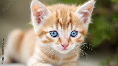 Adorable Orange Tabby Kitten with Striking Blue Eyes Looking at the Camera.