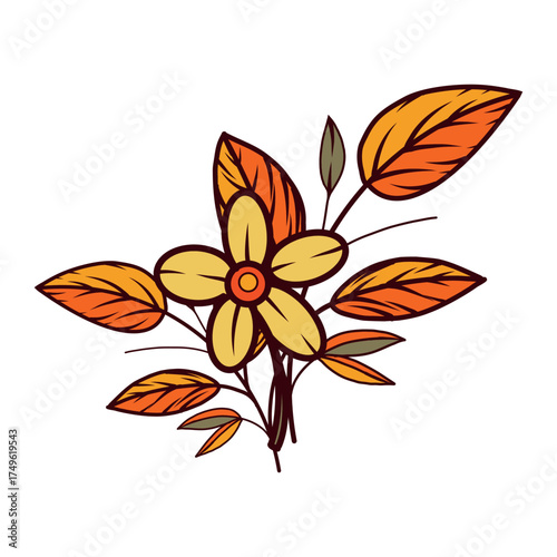 Yellow flower and autumn leaves, twigs, all objects are hand-drawn in vector. Illustration is perfect for designing postcards, invitations, printing on paper, fabric, dishes. Vector illustration