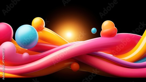 Abstract 3D Render: Colorful Spheres and Wavy Lines on a Black Background, Modern Art Design with Vibrant Colors and Smooth Textures