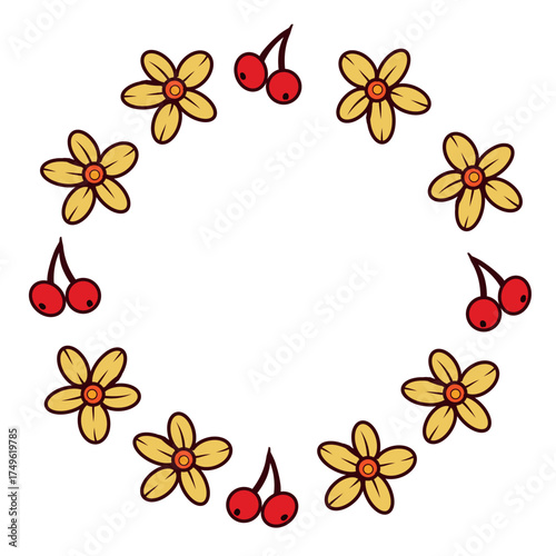 Vector wreath of yellow leaves, red rowan berries. All objects are hand-drawn in vector. The illustration is perfect for printing on postcards, invitations, for printing on fabric, paper. Vector