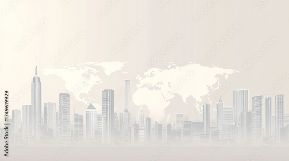 Obraz premium City skyline, world map, hazy background, abstract, urban scene, illustration, possible use for presentation design