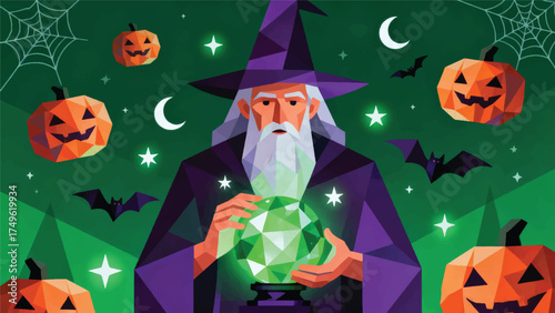 Illustration Of An Old Witch With A Green Glowing Crystal Ball, Magical Halloween Atmosphere Vector Design Template