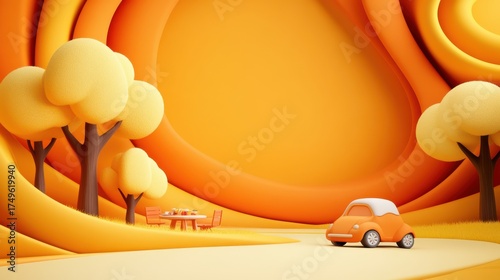 Cartoon Landscape with Orange Theme: 3D Render of Car, Trees, Picnic Table, and Wavy Background, Perfect for Children's Illustration or Design