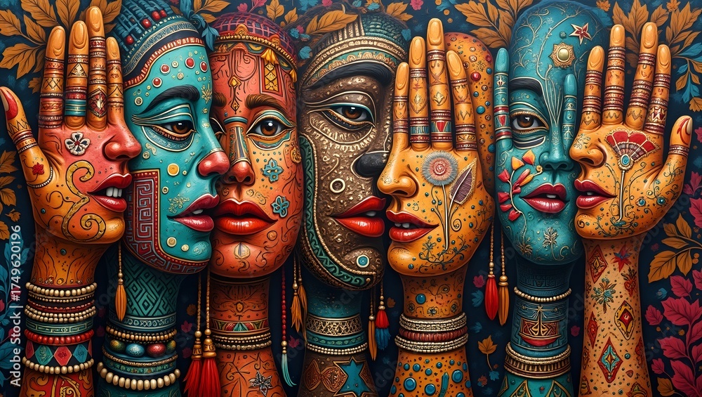 Fototapeta premium artistic representation of diverse faces with ornate hand in front of them. The artwork is rich in color and intricate patterns