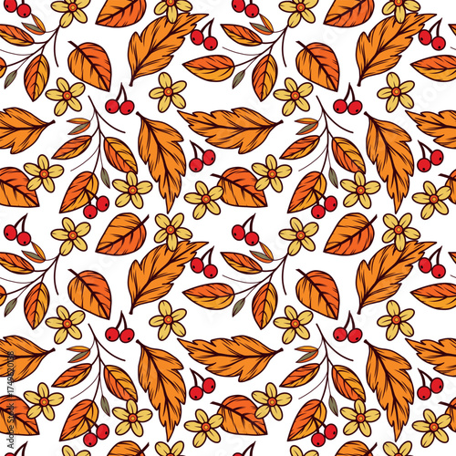 Seamless vector pattern of autumn leaves, berries, flowers. All objects are hand-drawn in vector. The illustration is suitable for printing on paper, postcards, textiles. Vector illustration.