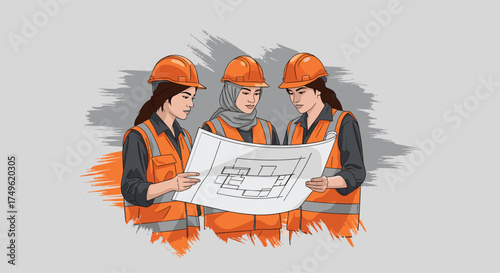 Three female engineers collaborating on blueprint plans, showcasing diversity and teamwork in modern construction project management and site development