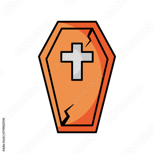 A coffin with a cross on the lid on white background.