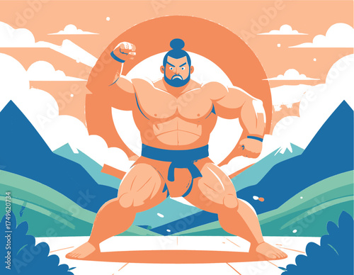 Flat Design Art: Powerful Rikishi Character in Nature with Mount Fuji and Rising Sun.