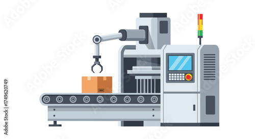 Modern automation equipment moves packages along conveyor belt, increasing efficiency and productivity in a factory with advanced robotic technology