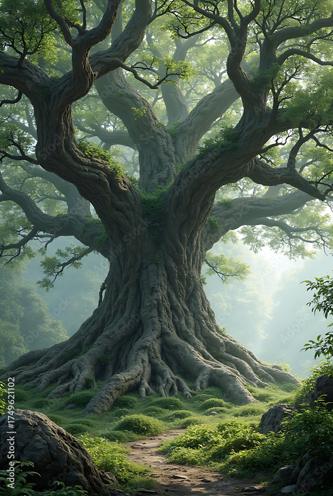 Naklejka premium A majestic old oak tree stands tall in a lush green forest setting