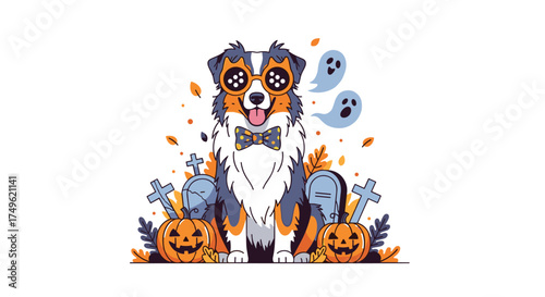Adorable dog celebrating Halloween with pumpkins, ghosts, and spooky fun, perfect for festive cards and holiday promotions this season