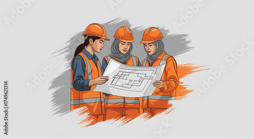 Three confident architects reviewing blueprints, collaborating on modern construction project with bright orange safety gear in a dynamic workspace