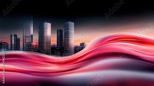 Futuristic Cityscape with Abstract Red and Pink Wave, Digital Art. Modern City Skyline with Flowing Colors, Conceptual Design, Urban Landscape, Creative Background.