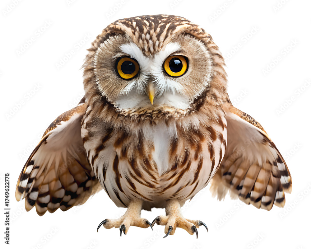 Naklejka premium Small owl with big yellow eyes perched with folded wing isolated on transparent background