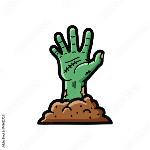 Green Zombie Hand Rising from Grave, Halloween Cartoon Illustration