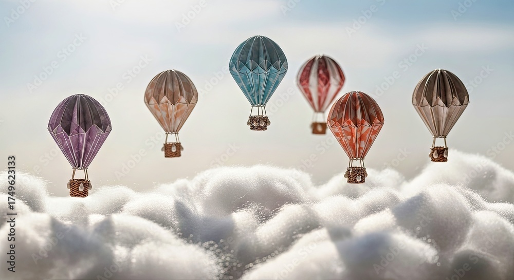 Obraz premium Miniature Hot Air Balloons Still Life With Soft Lighting and Dreamy Atmosphere (2).jpg