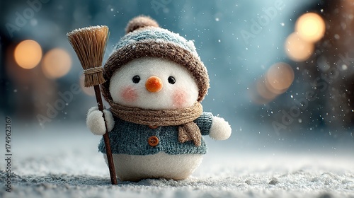 Hi-def slow-shutter snowman with playful broom: gentle winter tones, ideal for New-Year sale hero or social story
