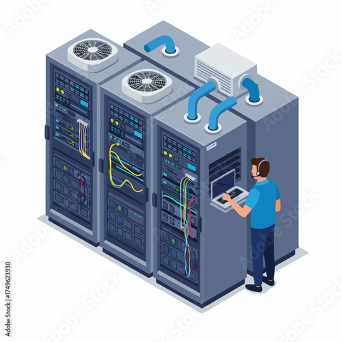 Isometric Illustration of Server Rack and Engineer Maintaining Data Center