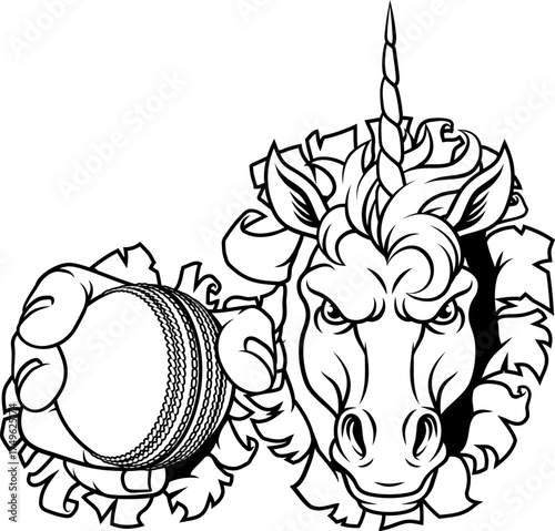 Unicorn horse stallion angry cricket sports team mascot holding a ball.