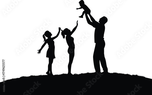 Joyful silhouette of a family playing outdoors