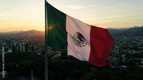 Mexican flag rippling, aerial video at golden hour over sprawling city with twinkling lights and mountains. Patriotic solemnity atmosphere