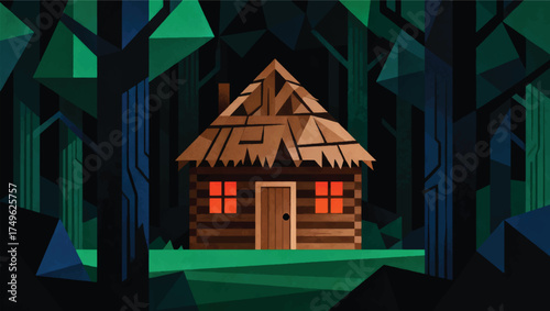Illustration Of An Old Wooden Cabin In The Middle Of A Dark Forest, A Mysterious Halloween Atmosphere Vector Design Template