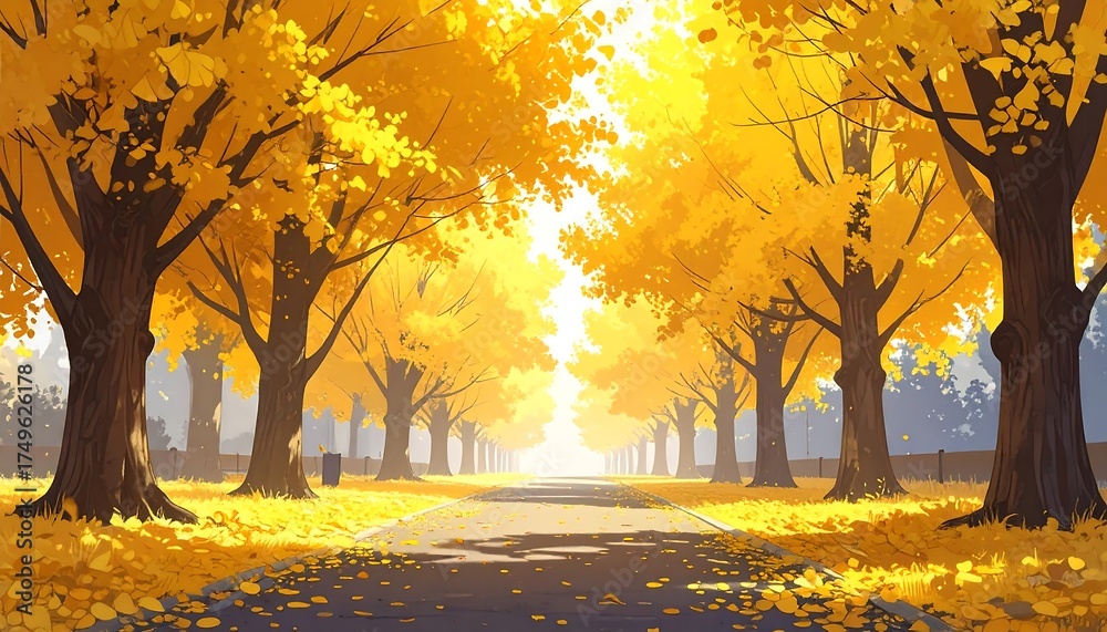 Fototapeta premium Golden Autumn Pathway Through Trees.
