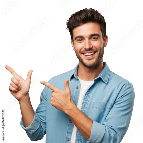 Smiling man points left and right with joyful expression isolated on white background