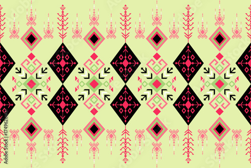 Seamless abstract geometric pattern with black ,red and green color on light yellow background ,Native American tribal fabric, tile, carpet, vector, illustration design