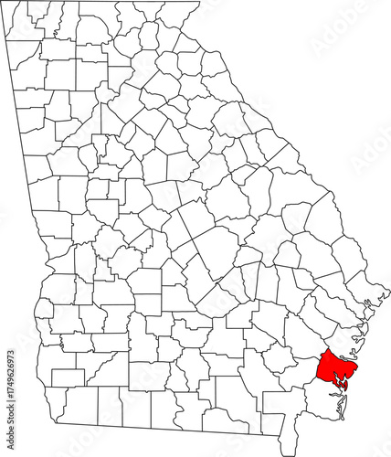 Detailed vector map of Georgia highlighting Glynn County, a southeastern coastal territory centered on Brunswick, known for its port, tourism, and the Golden Isles barrier islands.

