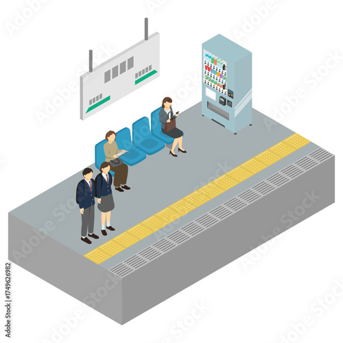 アイソメトリックイラスト：駅のホームで待つ人