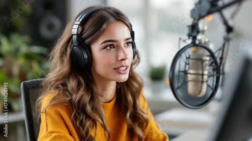 Young Woman Recording Podcast with Professional Microphone and Headphones.