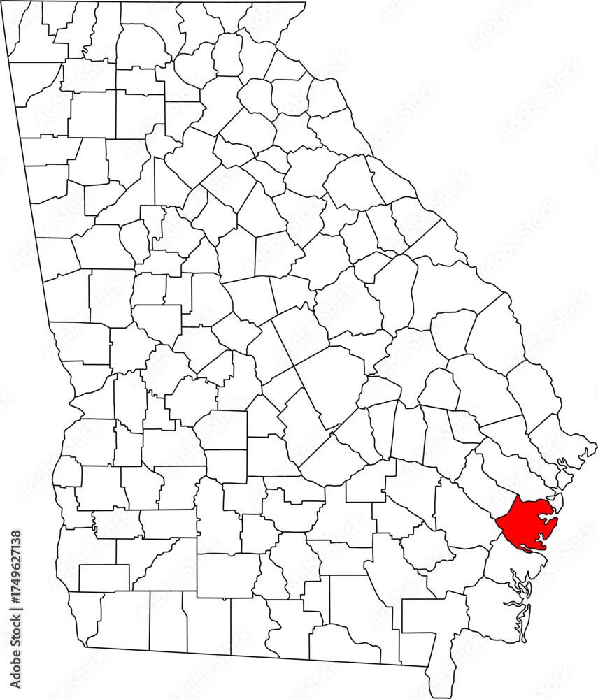 Fototapeta Detailed vector map of Georgia highlighting McIntosh County, a southeastern coastal territory bordering the Atlantic Ocean, noted for its extensive marshlands and the Gullah Geechee heritage.

