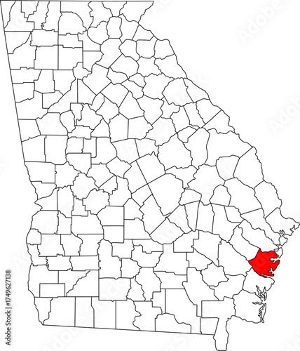 Detailed vector map of Georgia highlighting McIntosh County, a southeastern coastal territory bordering the Atlantic Ocean, noted for its extensive marshlands and the Gullah Geechee heritage.

