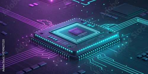 Futuristic glowing microchip processor with neon circuitry and data flow