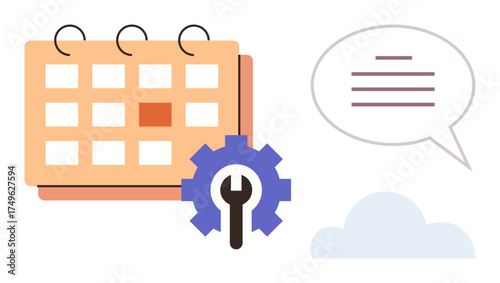 Calendar with highlighted day and settings gear, speech bubble with text, and cloud. Ideal for scheduling, communication, planning, organization, workflow software tools and time management. Simple
