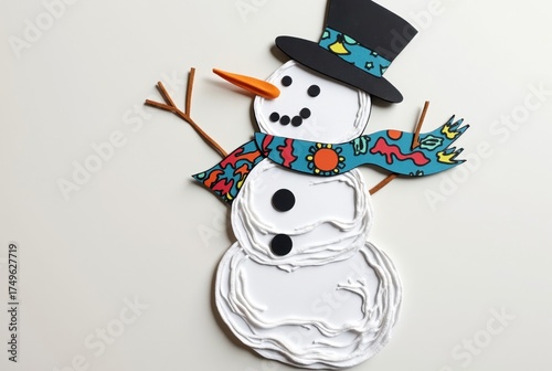 Paper Craft Snowman with Patterned Scarf and Top Hat